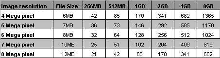 newegg.com memory card chart for uncompressed files